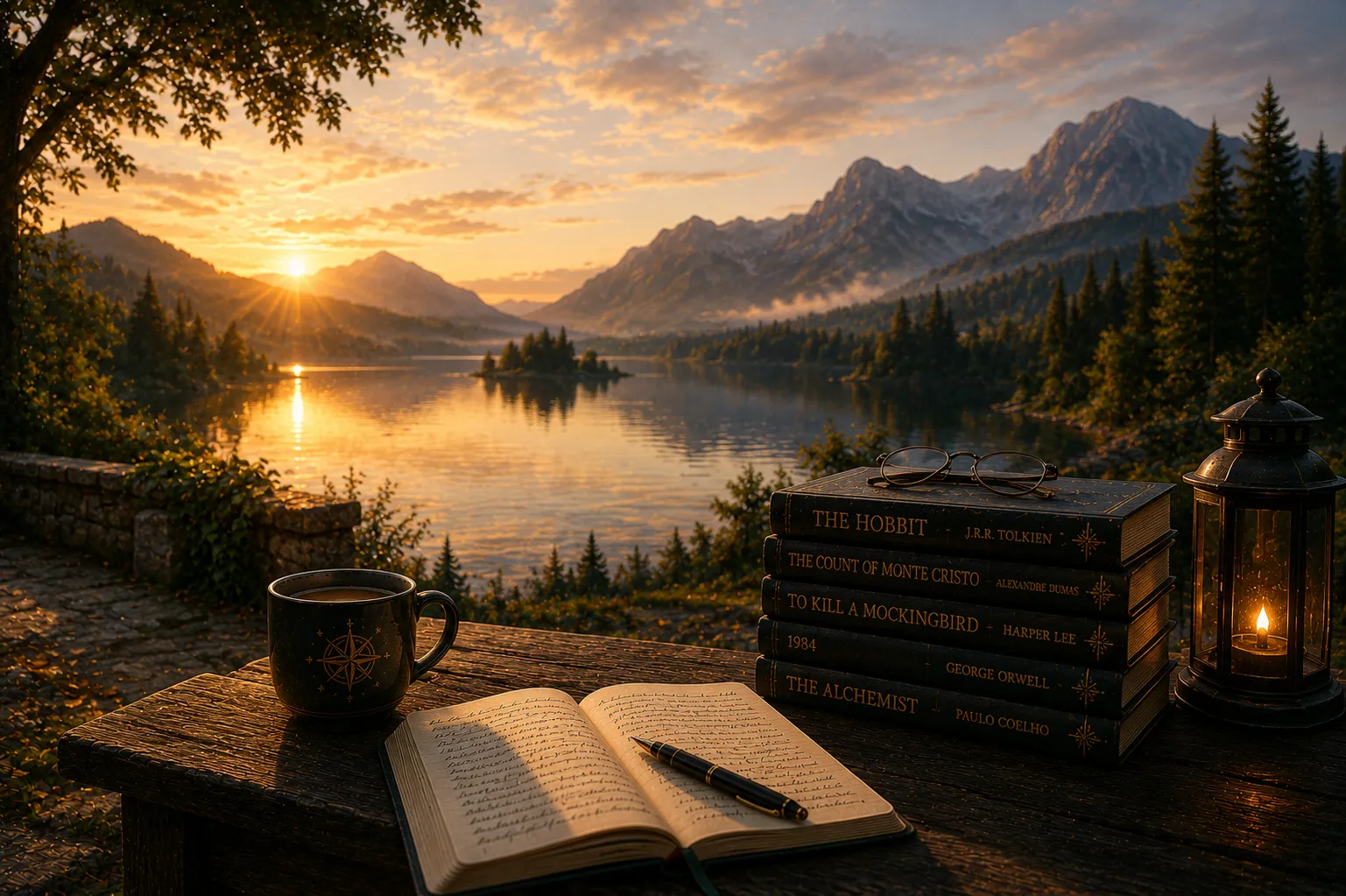 Open books and journal overlooking a golden mountain lake at sunset